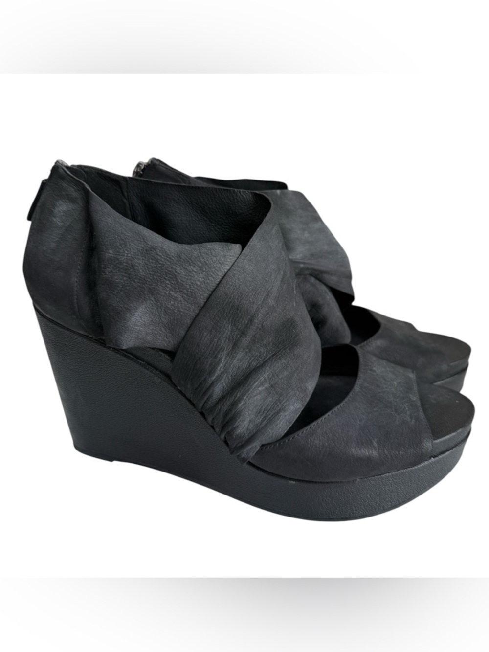 Eileen Fisher Draw Draped Black Nubuck Leather Wedge Heel Sandals sz 11